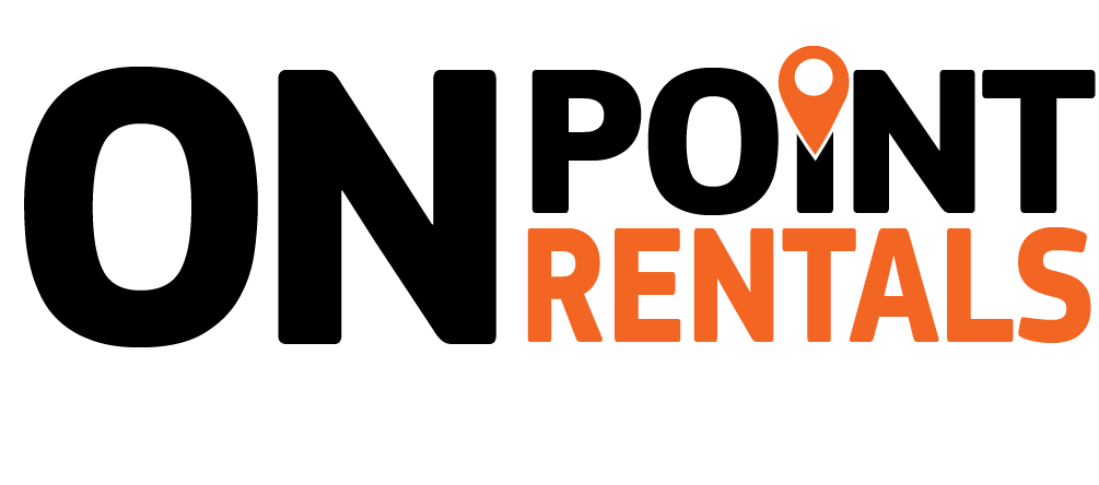 Logo for On Point Rentals featuring bold black 'ON POINT' and orange 'RENTALS' with a map-pin icon.
