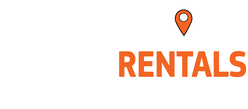 Orange map pin icon above the bold word RENTALS on a white background, part of a rental brand logo.