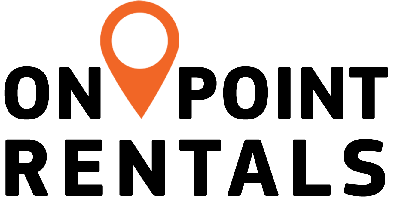 Logo reading 'ON POINT RENTALS' in bold black letters with an orange vertical bar between 'ON' and 'POINT'.
